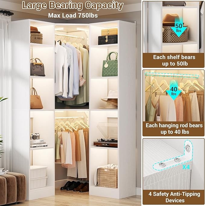 Corner Closet System with 12 Shelves, 39.2" Corner Closet Organizer System with 2 Hanging Rods, Versatile 6-Tier Walk-in Closets for Corner Space, White (39.2" L x 39.2" W x 80" H)