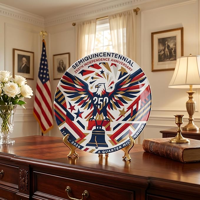 250th Anniversary Decorative Plates 8 Inch Eagle Liberty Bell Patriotic Decorations Commemorative Plates with Stand Independence Day 4th of July Semiquincentennial Decor