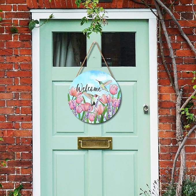 Welcome Spring Summer Hummingbirds Sign for Front Door Decor Spring Floral Wood Door Hanger Sign Spring Decorations Seasonal Farmhouse Wreath Wall Hanging Sign for Home Outdoor Outside Porch 12”x12”