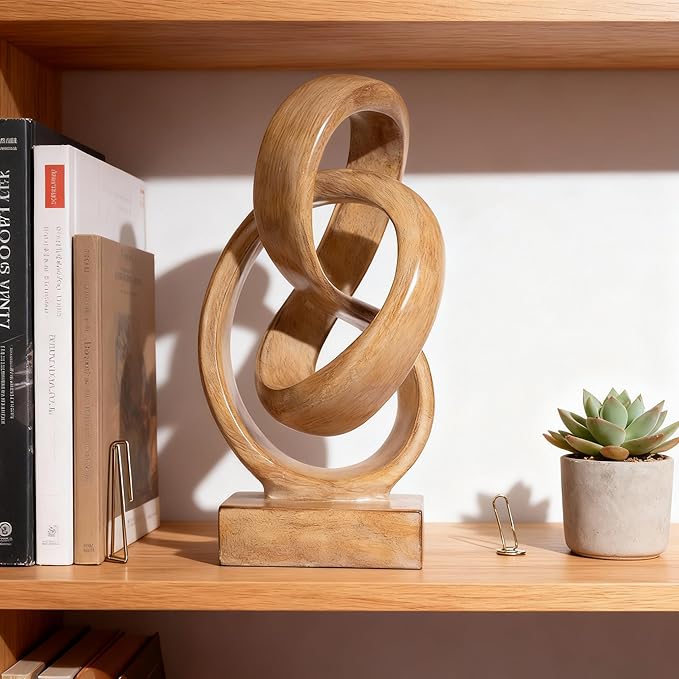 Abstract wood-toned knot sculpture, geometric decorative statue, wood-toned accent piece for living room coffee table or bookshelf surface, office TV cabinet or entryway console table decoration.