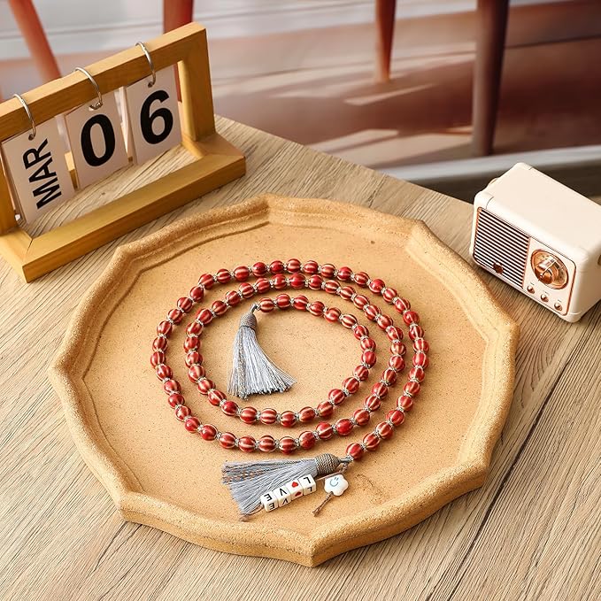 Farmhouse Ceramic Beads 50in Handcrafted Colors Bead Garland with Tassels Rustic Decor Prayer Boho Beads Big Wall Hanging and Coffee Table Decor Red Bead