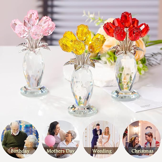 Movdyka Crystal Yellow Rose Flower Figurine with Vase Handmade Romantic Glass Rose for Wife Mom on Birthday Christmas Wedding Home Decorations