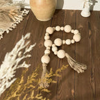 2" Extra Large Wood Bead Garland with Tassels, 44" Long Rustic Farmhouse Wooden Beads Garland, Decorative Beads Boho Decorations for Home Table Mantle Natural Beige