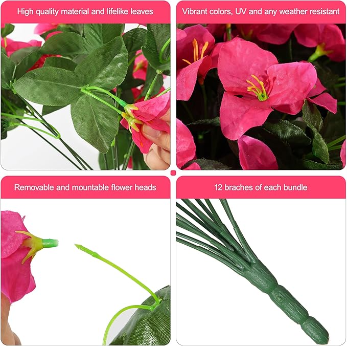 INSPRING Faux Bougainvillea Artificial Flowers for Outdoors Spring Outside Decor, 4 Bundles UV Resistant Realistic Fake Plants Silk Flowers for Porch Patio Window Outdoor Planter Garden Home, Hotpink