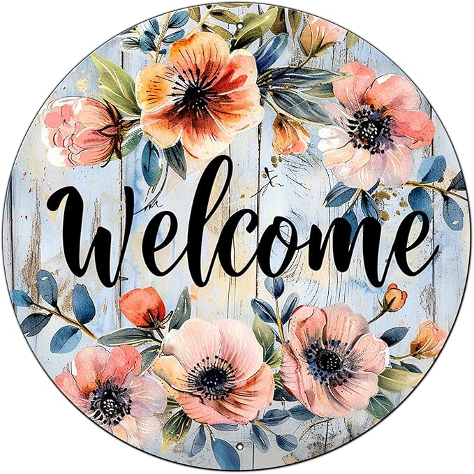 Welcome Metal Sign Vintage Tin Sign Round Sign Aluminum Sign for Farmhouse Kitchen Outdoor Outside Home Backyard Wall Decor 12 Inch