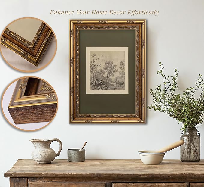 Vintage Gold Framed Wall Art Tree Forest Landscape Painting Canvas Prints Green Gray Tree Natural Sketch Picture Rustic Farmhouse Poster Artwork for Living Room Bedroom Bathroom, 9x11in
