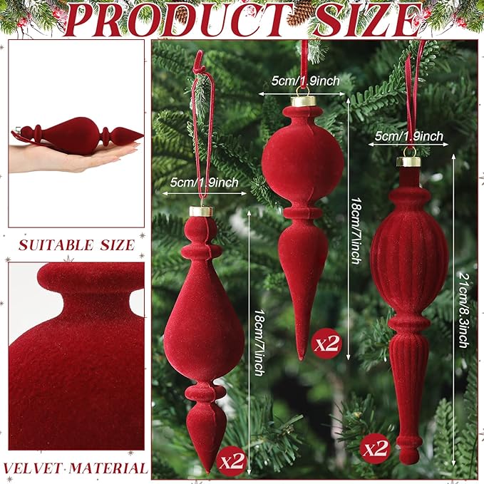 Jetec 6 Pcs Burgundy Velvet Christmas Finial Ornament Flocked Xmas Tree Hanging Decoration Plastic Velvet Christmas Ornaments with 3 Styles for Xmas Tree Holiday Home Party Decoration