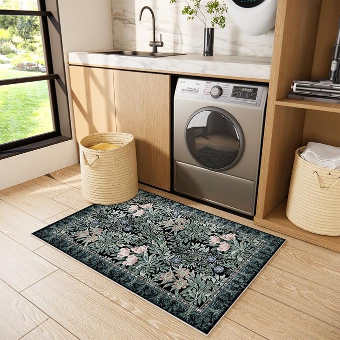 Washable Entryway Area Rugs 2x3 Black Green Vintage Floral Botanical Pattern,Perfect for Soft Door Mat Indoor Entrance, Ultra-Thin Easy Clean Small Throw Carpet for Bedroom Bathroom