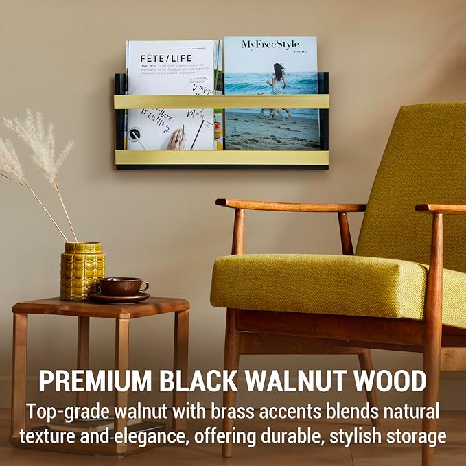 MyGift Black Solid Wood and Brass Metal Magazine Display Rack, Wall Mountable Double Wide Book Holder or Standing Organizer