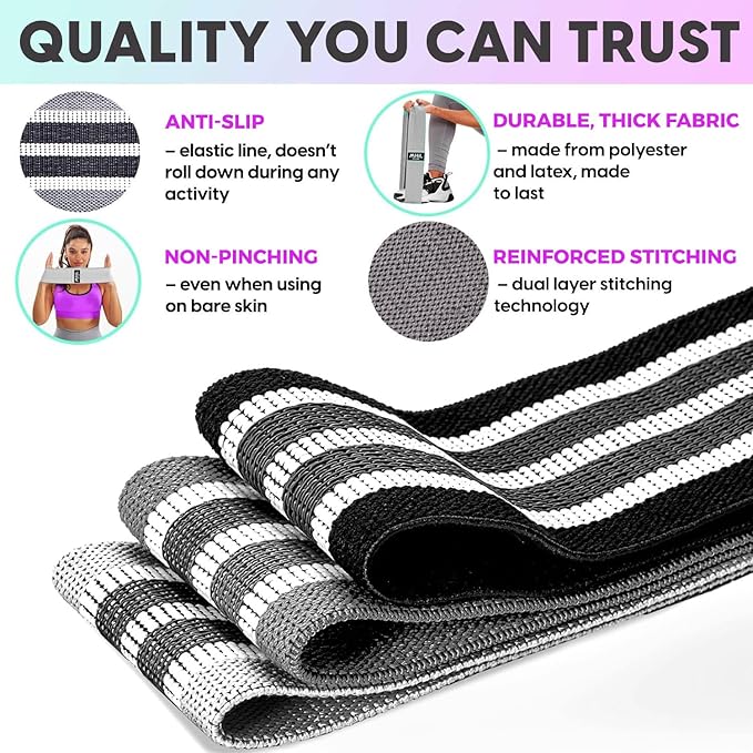 Fabric Resistance Bands for Women & Men – 4 Durable Exercise Bands for Working Out, Non-Slip & Non-Pinching Workout Bands – Multiple Resistance Levels Booty Bands for Legs Butt Glutes Hips Abs & More.