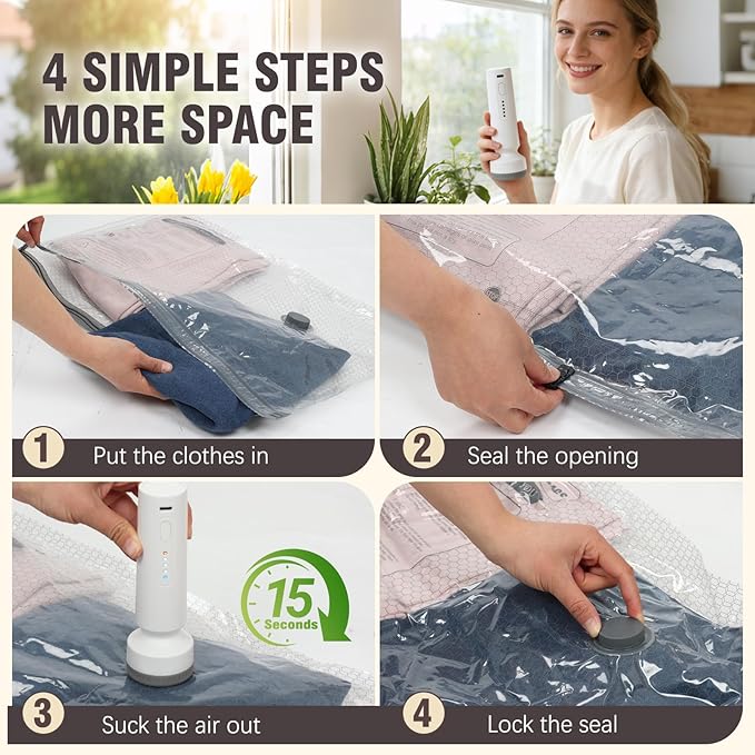 Vacuum Storage Bags for Travel, 15 Pack Vacuum Seal Bags for Clothing With Wireless Electric Pump, Space Saver Bags for Luggage, Clothes, Seasonal Storage- Vacuum Compression Bags Travel Essentials