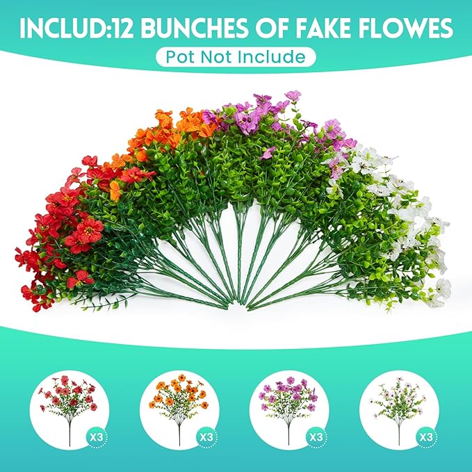 Fake Artificial Flowers for Outdoors Faux Plants Outside Indoor,UV Resistant Realistic Silk Daisy for Home Patio Garden Back Yard Front Poch Decor Spring Summer(12 Bunches,4 Multi Colors)