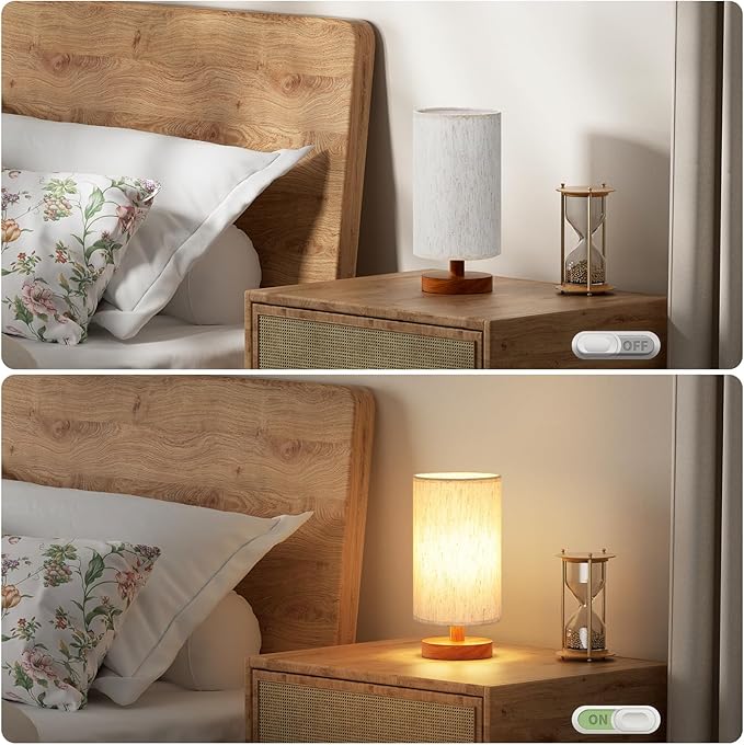 Fenmzee Small Table Lamp for Bedroom - Inline Control, Bedside Lamp with 3000K A15 LED Blub, Easy Assembly (Cream Shade - Walnut Base, 9" Inline Control)