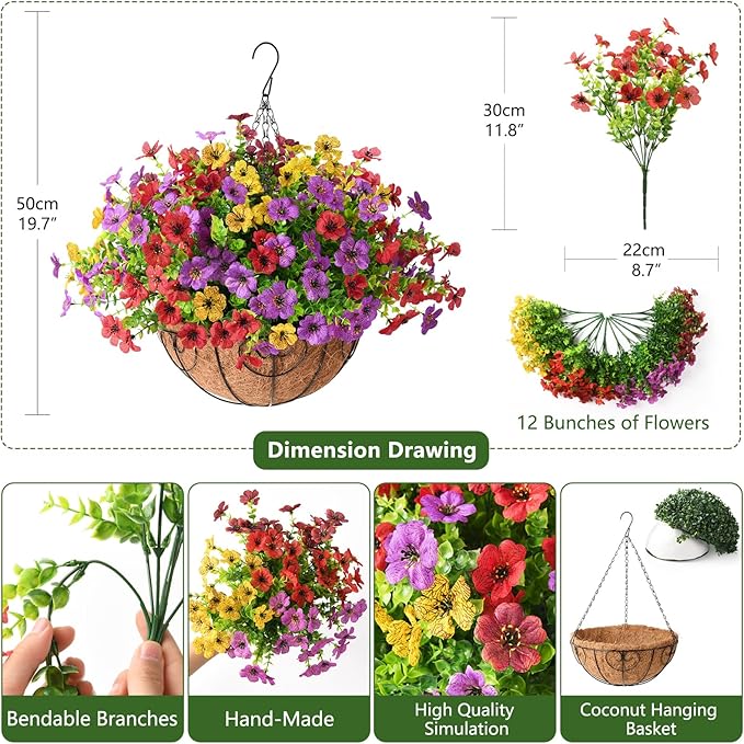 Artificial Faux Hanging Flowers Plants with Basket for Outdoor Spring Decoration, Fake Silk Daisy Outside Indoor UV Resistant Look Real Yard Patio Front Porch Garden Balcony Home Decor(MIx1)