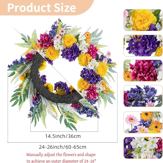 NUPTIO Summer Wreath for Front Door: 26 Inch Spring Wreaths with Hydrangea Daisy Peony Ranunculus Dahlia Hanger - Outdoor Realistic Artificial Flowers Holiday Decor for Wall Window Porch