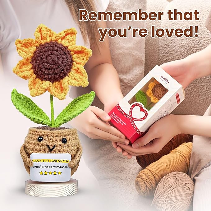 Gossby Positive Sunflower Doll Crochet with Card - Excellent Grandma Would Recommend - Gift for Grandma from Granddaughter, Grandson, Grandkid - Mothers Day, Christmas, Birthday Gift for Grandmother