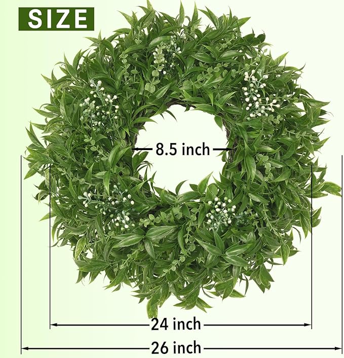 26 Inch Large Boxwoods Wreaths for Front Door Artificial Green Eucalyptus Leaves Greenery Indoor Outdoor Wreath Home Decor Porch Window Wall Farmhouse Door Decorations Spring Summer All Season