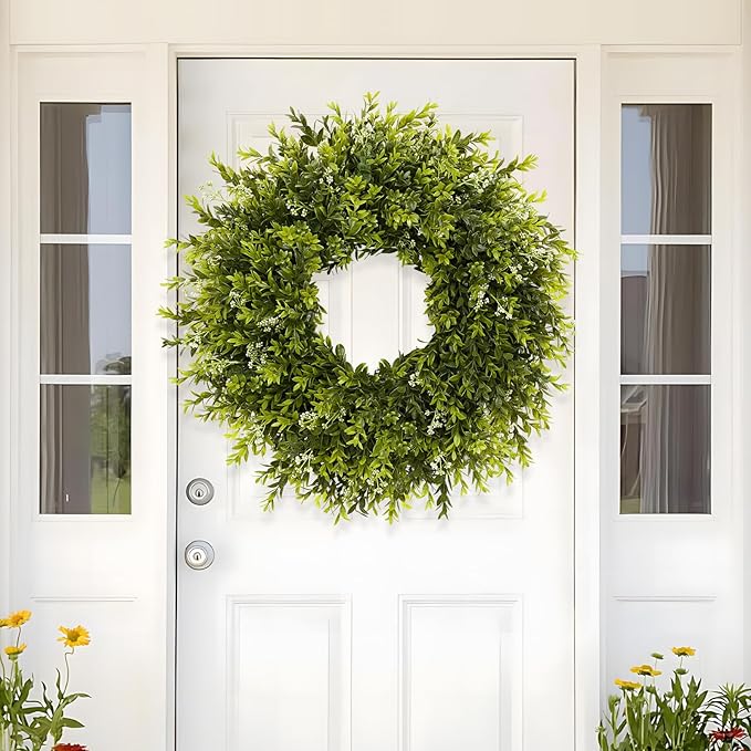 28'' Large Boxwood Wreath for Front Door Porch Window Artificial Boxwood Leaves with White Seed Greenery Outdoor Indoor Wreath for Home Farmhouse Wall Decor Spring Summer Fall All Seasons (Green)
