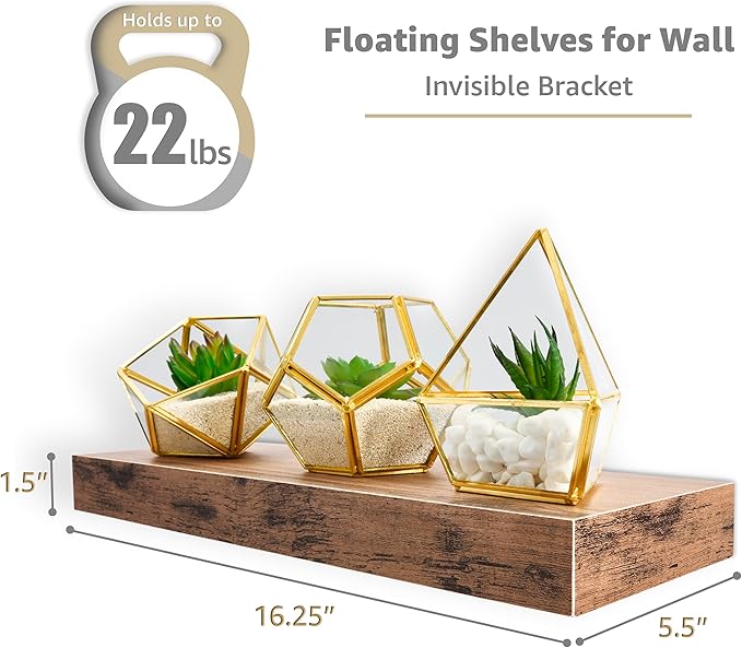 Sorbus Floating Shelves for Wall – 16 Inch Floating Shelf for Kitchen, Bedroom, Living Room, Bathroom, Home & Wall Decor - Mounted Bathroom Shelves with Invisible Brackets (Mahogany, 3 Pack)