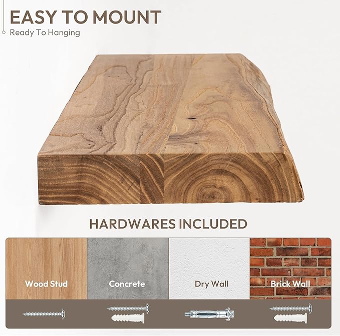 Marsmiles 55 inch Floating Shelves for Wall Elm Wood Live Edge Shelves Wall Mounted|Rustic Long Floating Shelves with Invisible Bracket for Bathroom Living Room Kitchen|Natural, 1 Pack