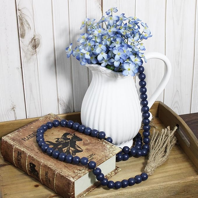 Farmhouse Decor Beads 59in Wooden Bead Garland with Tassels Rustic Coastal Room Accent Halloween Decorations for Home Wall Hanging Kitchen Island Table Mantle Shelf Country Decor, Navy Blue