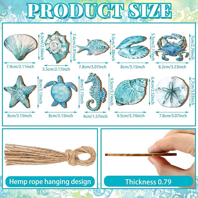 30 Pcs Summer Ocean Animals Ornaments Summer Ornaments for Tree Wooden Beach Hanging Decorations Ocean Themed Decoration with String Wooden Slices for Home Small Tree Party