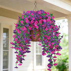 Artificial Hanging Flowers for Outdoors, 6 PCS Silk Morning Glory Artificial Flowers with Eucalyptus Leaves, UV Resistant Fake Flower Realistic Faux Plants for Home Patio Porch Garden, Purple+Fuchsia