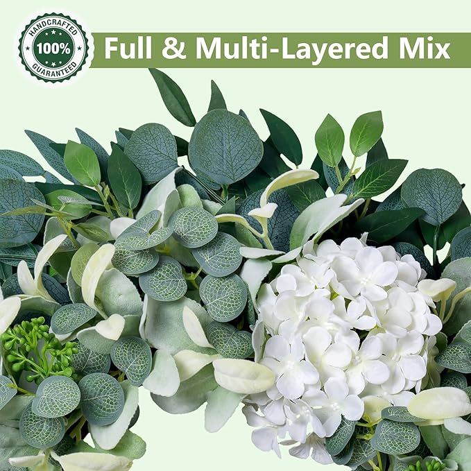Spring Summer Wreaths for Front Door Porch, 22" Hydrangea Eucalyptus Wreath for Indoor Outdoor All Seasons, Artificial Greenery Farmhouse Decor for Mother's Day