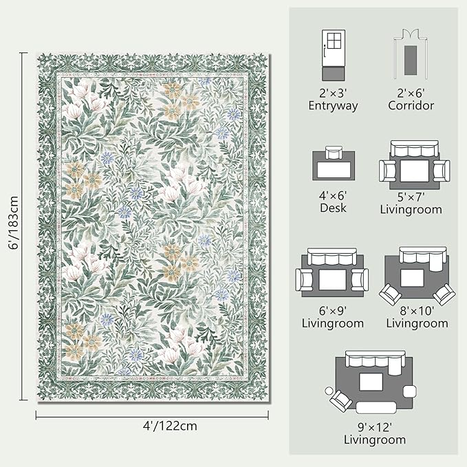 Botanical Floral Area Rug 4x6 Light Green Cream Vintage Garden Design, Perfect for Living Room, Bedroom, Kids Room, Nursery - Stain & Water Resistant Non-Slip, Pet & Child Friendly Area Rugs