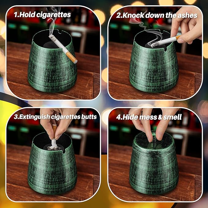 Ashtray for Cigarettes Outdoor, Outdoor Ashtray with Lid for Cigarette, Metal Odorless Windproof Smokeless AshTray for Patio Home Office Tabletop Balcony