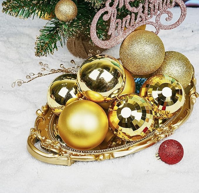Emopeak 12Pcs Christmas Balls Ornaments for Xmas Christmas Tree - 4 Style Shatterproof Christmas Tree Decorations Hanging Ball for Holiday Wedding Party Decoration (Gold, 3.2"/8CM)