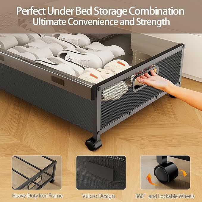 KITHELP Underbed Storage Containers with Wheels, Large Under Bed Drawers on Wheels with Removable Lids, Rolling Shoe Organizer Under Bed Storage Dresser Metal Drawers for Clothes Toys Blankets (2PACK)