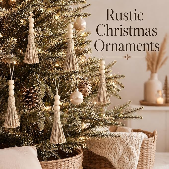 Jute Rope Tassel with 3 Wooden Beads - 20 Pcs Thick Handmade Jute Tassels for Garland Craft Decor Farmhouse Boho Home Door Hanging Decoration for Wedding Party Christmas DIY