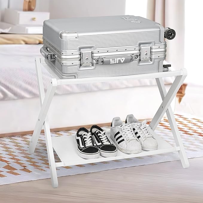 VASMIA Luggage Rack,Bamboo Suitcase Stand with Storage Shelf,Folding Luggage Stand for Guest Room,Hotel,Bedroom,Heavy-Duty, Holds up to 131 lb, White
