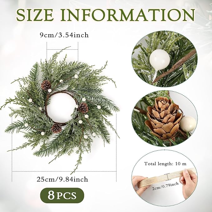 8 PCS Christmas Wreath Christmas Kitchen Cabinet Wreaths with Burlap Ribbon Mini Wreath Pine Garland Frosted Cedar Pine Cone Hanging Garlands Candle Rings for Front Door Window Chair Wall