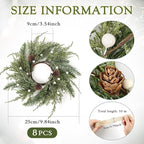 8 PCS Christmas Wreath Christmas Kitchen Cabinet Wreaths with Burlap Ribbon Mini Wreath Pine Garland Frosted Cedar Pine Cone Hanging Garlands Candle Rings for Front Door Window Chair Wall