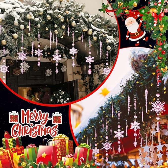 Giegxin 32 Pcs Crystal Christmas Ornaments Crystal Hanging Snowflakes Acrylic Xmas Tree Icicle Drop Decorations with Hooks for Christmas Snow Party Winter(Pink)