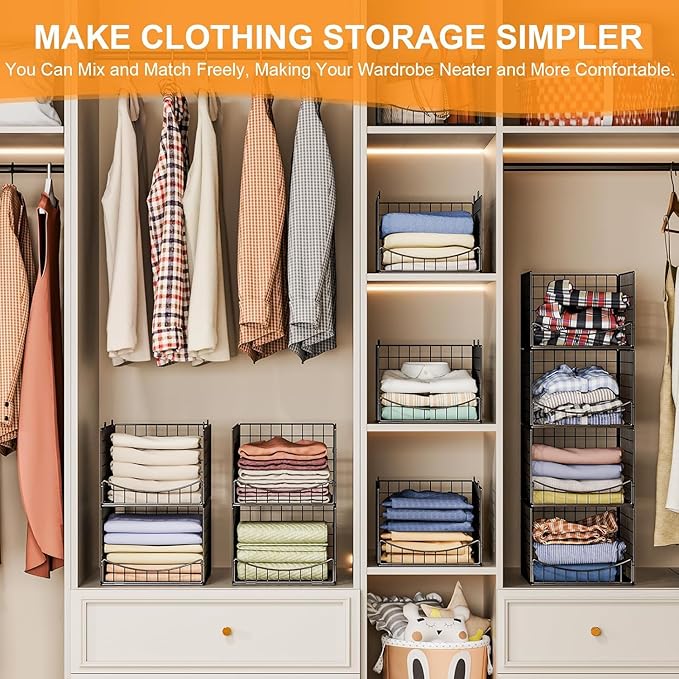JKsmart 4-Tier Stackable Closet Organizer，Extra Large Clothing Cupboard Organizer System Clothes Storage Shelf- Closet Wardrobe Storage Bins for Jeans, Pants, Sweaters,Purse,t-Shirt Organization