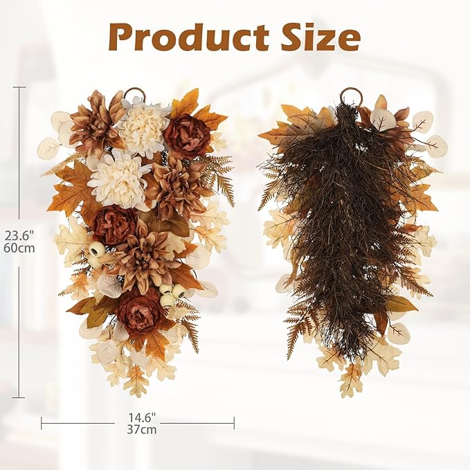 23.6 Inch Fall swags for Front Door Outside Autumn sway with Dahlia, Chrysanthemum, Rose, Berries & Leaves – Fall Door sway for Outdoor sways Indoor Thanksgiving Decor Champagne and Brown