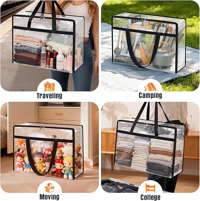 Clear Under Bed Storage Containers - 6 Pack Large Capacity Clothes Storage Bags with Lid & Sturdy Handles, Foldable Moving Bags, Clothing Organizer Totes for Bedding, Comforter, Sheet（60 L）