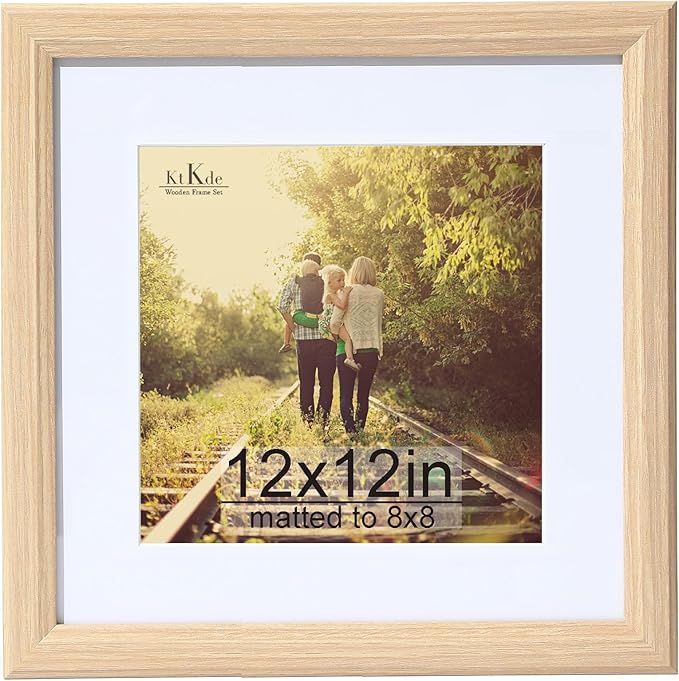 KTKDE 12x12 Picture Frame Real Glass, Display Pictures 8x8 with Mat or 12x12 Without Mat, Modern Style Wood Composite Frame,Gallery Wall Frame Wooden，best gift