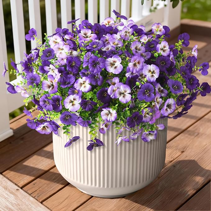 INQCMY Artificial Fake Pansy Flowers for Outdoor, 12 Pcs Faux Silk Pansies Flower for Spring Summer Decoration, UV Resistant Fake Plants for Outside Planter Porch Yard Patio Home Decor(Double Purple)