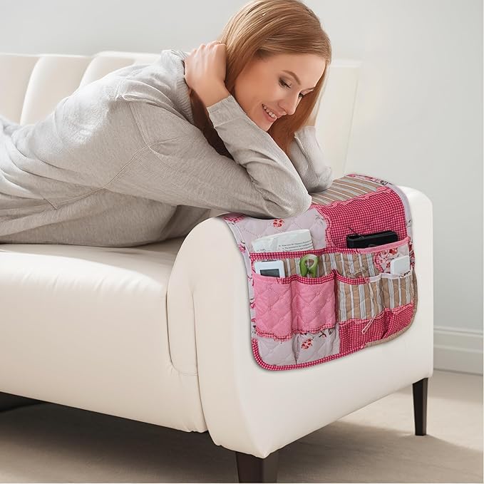 Armchair Caddy for Couch Remote Control Holder Non-slip Sofa Armset Organizer Caddy Storage for Recliner Couch 5 Pocket for Cell Phone Magazine 35"x13" Pink Vintage 1 Piece