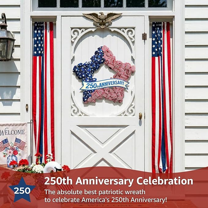 4th of July Wreath Patriotic Decorations for Front Door - 19 inch Memorial Day 250th Anniversary USA Fourth of July Burlap Star Wreath, Red White and Blue Hanging for Independence Day 2026 Decor