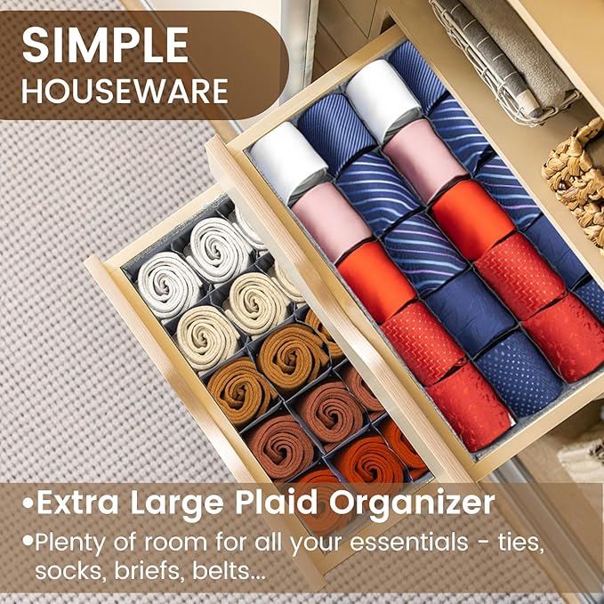 2 Pack Large Grid Sock Organizer Divider, 20 Cell with Lid, Fabric Foldable, Tie Organizer for Men for Storing Socks, Tie, Handkerchiefs, Belts (Grey)