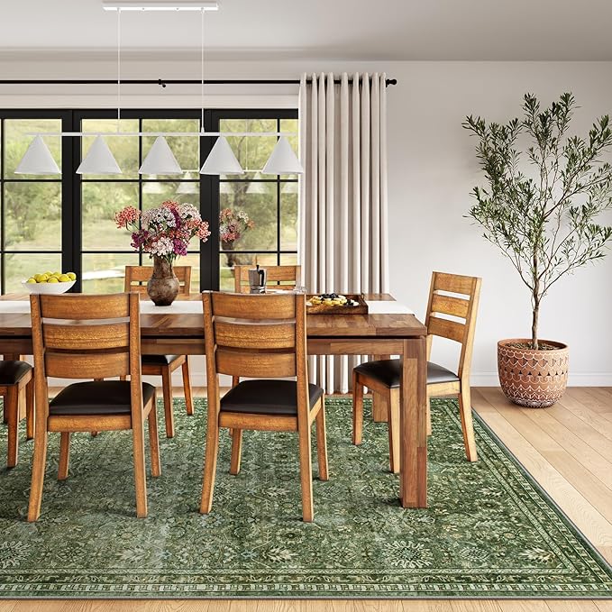 Lahome Moss Green Area Rug 8x10, Machine Washable Low Pile Thin Carpet for Living Room, Non-Slip Boho Rug for Bedroom Dining Office Apartments Home Decor