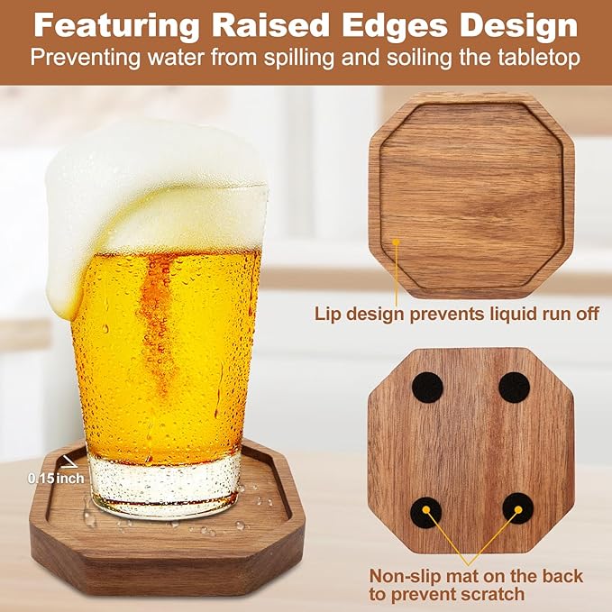 Cute Rustic Farmhouse Wooden Cup Coaster Set of 6 Cool Bar Drink Coasters with Holder Acacia Wood Coasters for Coffee Table Desk Decorative Outdoor Modern Coaster Home Decor Beverage Accessories Gift