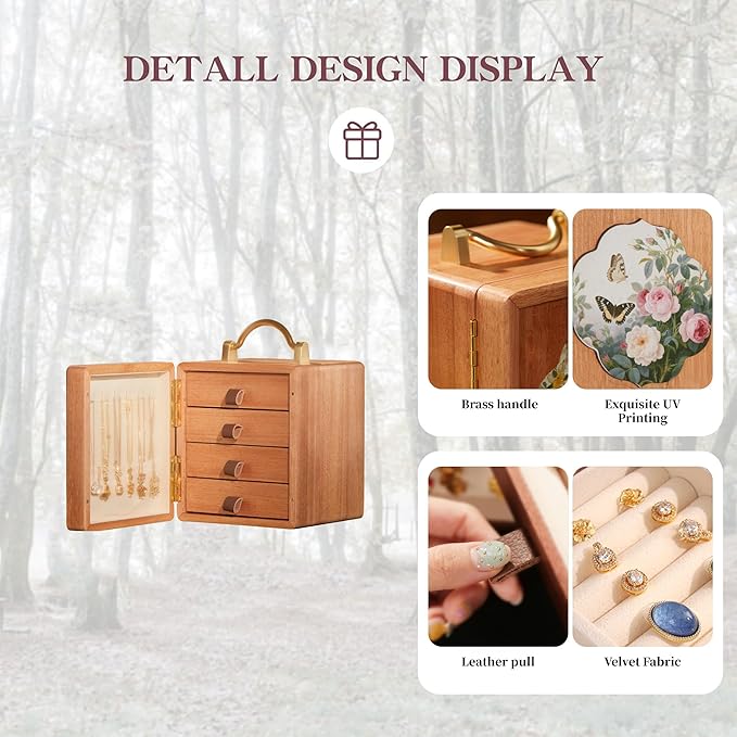Wooden Jewelry Box for Women 4 Tier Walnut Wooden Jewelry Box with handle (Flower and butterfly prints A)