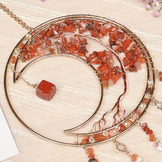 Red Gemstone Dream Catcher 7 Chakras Tree of Life Moon Dream Catchers with Healing Crystal Stones Handmade Suncatcher Dreamcatcher Wall Decor for Adults Living Room,Bedroom,Garden,Bless Gift