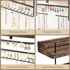 Lolalet Hanging Jewelry Organizer Wall Mount with Earrings, Bracelets, Necklaces Hooks - Easy Install Free Combination Jewelry Holder for Wall Bathroom - Set of 2, Brown